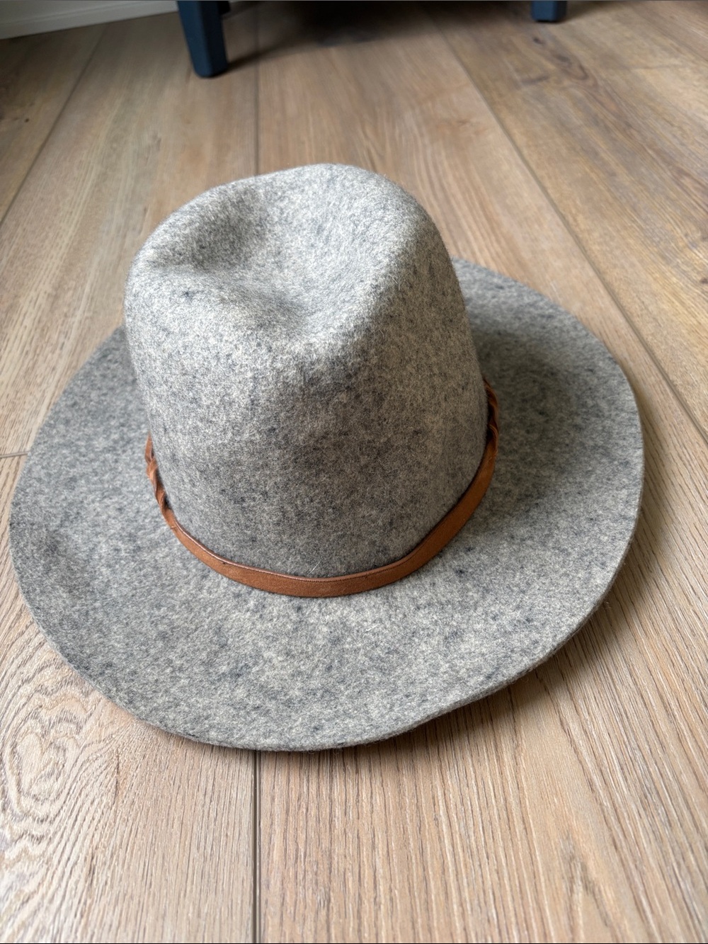 Merona Wool Heather Gray Rancher Hat Faux Leather Cognac Braided Trim Western